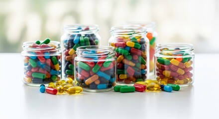 Fototapeta premium Assortment of Colorful Capsule Candies in Glass Jars on a White Surface.