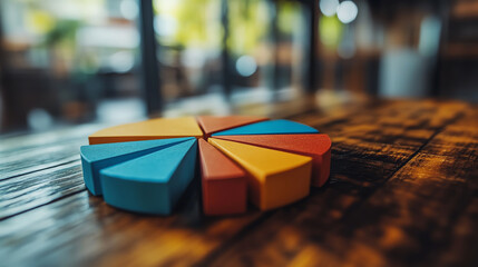 Colorful pie chart pieces arranged on a wooden table, symbolizing analysis and data visualization in a modern workspace.