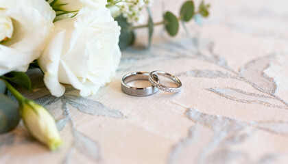 Elegant White Roses and Silver Wedding Rings Close-Up on Decorative Fabric, Delicate Bridal Jewelry with Diamond Band, Romantic Marriage Symbols