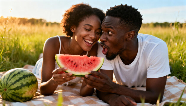 Joyful black couple enjoying fresh watermelon together on a sunny picnic outdoors in lush green meadow, summer love and healthy lifestyle concept