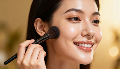 Beautiful smiling Asian woman applying powder foundation with a makeup brush. Concept for natural cosmetics, beauty routine, flawless skin, cosmetology, and dermatology care.
