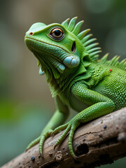Fototapeta premium Bronchocela jubata, the green crested lizard, rests on a branch, exhibiting vivid green scales, keeled skin texture, and adaptive camouflage suited for tropical foliage.