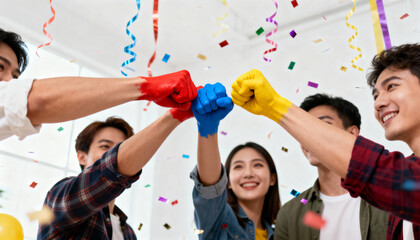 Diverse young team fist bump celebration with colorful paint on hands, confetti and streamers, office party, teamwork, joy, unity, vibrant corporate success