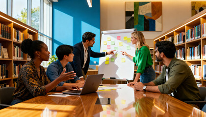 Diverse business team in a creative workshop. Colleagues brainstorming, using sticky notes on a whiteboard for strategic planning in a modern library office. Teamwork collaboration.