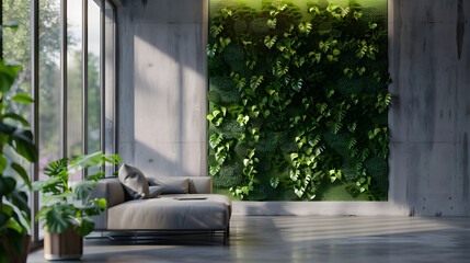 modern interior with vertical green wall, natural wood, open space, eco-friendly sustainable design, cinematic 16:9
