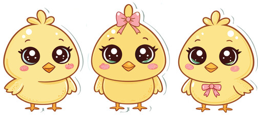 Obraz premium Three Cute Cartoon Chicks Stand Side By Side Each Decorated With Pink Bows