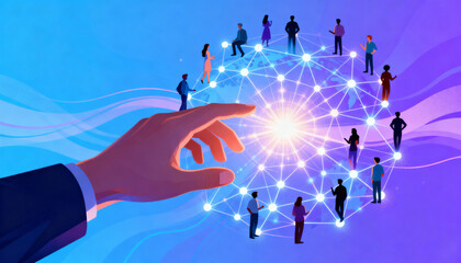 Businessman hand interacting with a global network of people. Concept of social connection, technology, community, business management, and human resources in the digital age.