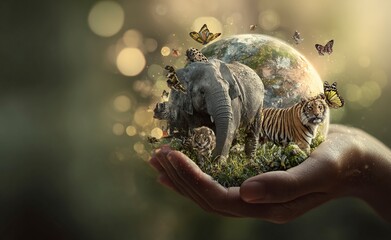 World Wildlife Day concept featuring a caring hand gently holding a vibrant, healthy plant symbolizing conservation and environmental protection efforts for a sustainable future.