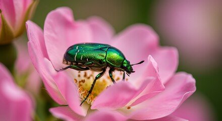 Green beetle on pink rose petals