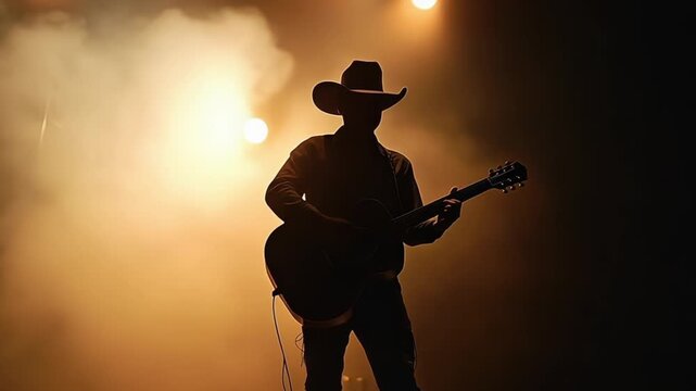 Silhouette of a cowboy musician playing guitar under a bright spotlight on stage