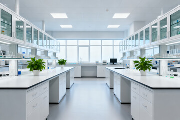 Fototapeta premium Modern laboratory with white workstations, glass cabinets, and potted plants under bright lighting