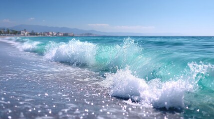 Turquoise Ocean Waves Crashing on Sandy Beach with Distant Cityscape under Clear Blue Sky