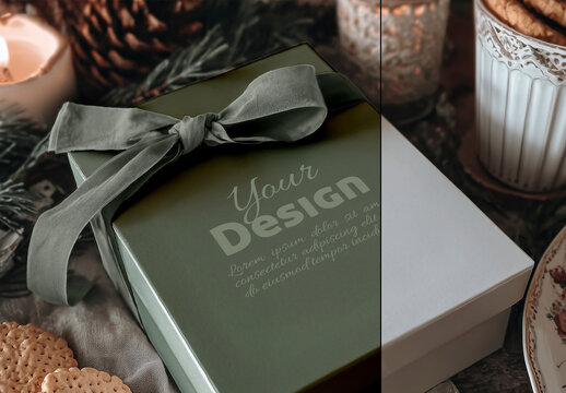 Christmas gift box mockup with ribbon