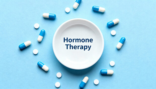 Hormone Therapy concept. HRT. Pills, capsules for treatment of hormonal imbalance, menopause or transgender transition. Healthcare and medicine flat lay on blue background.