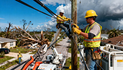 Linemen restoring power after a hurricane. Electricians fixing damaged power lines from a bucket truck. Emergency utility workers repairing electrical grid after a storm outage.