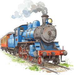 Naklejka premium Vintage steam locomotive and passenger cars traveling on railroad tracks with smoke plumes