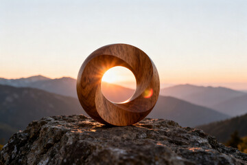 Wooden ring sculpture on rocky outcrop framing sunset over mountain range