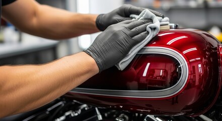 Close up of hands polishing a shiny red motorcycle gas tank.