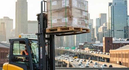 Forklift Carrying Pallet in Cityscape.