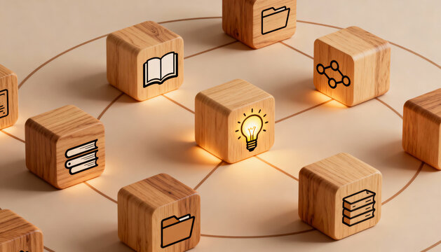Knowledge management hub. Central resource network concept. Idea innovation lightbulb. Information sharing, database, e-learning, collaboration. Strategy. Business data system.