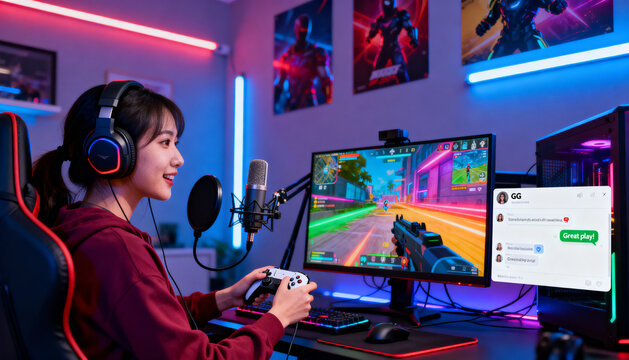 Esports and online gaming. Young Asian woman live streaming and playing video games. Pro gamer girl with headset and microphone in neon room. Cyber sport competition and entertainment.