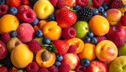 A vibrant close-up of various colorful fresh fruits piled together