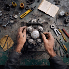 A mechanics hands meticulously work on an engine, surrounded by tools and a repair manual. Represents craftsmanship, dedication, and the love of restoring vintage machinery.