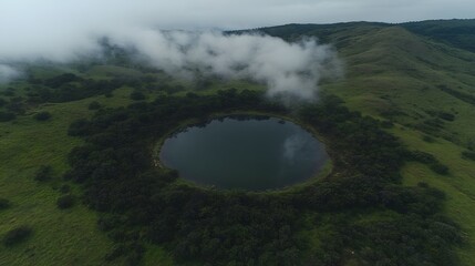 Aerial View of Serene Crater Lake in Misty Mountains