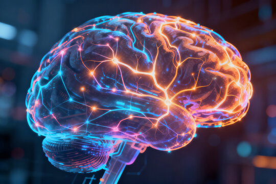 Neon-lit human brain with glowing neural pathways in a futuristic setting