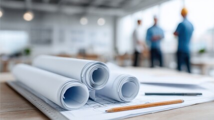 Architectural blueprints rolled on a wooden table, with a pencil beside them, while professionals discuss project details in a bright office environment showcasing teamwork and collaboration