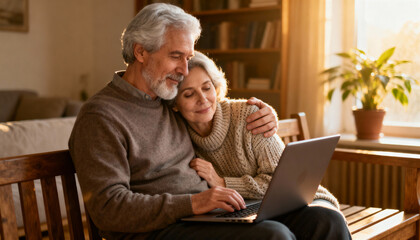 Senior couple at home using laptop for online banking or planning retirement. Happy elderly man embraced by his loving wife. Affection, relationship and technology concept.
