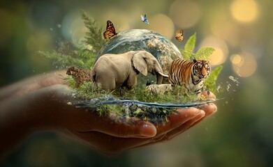 Dedicated hand gently cradles delicate sprout symbolizing nurturing global wildlife conservation efforts and a hopeful future for our planet's biodiversity.