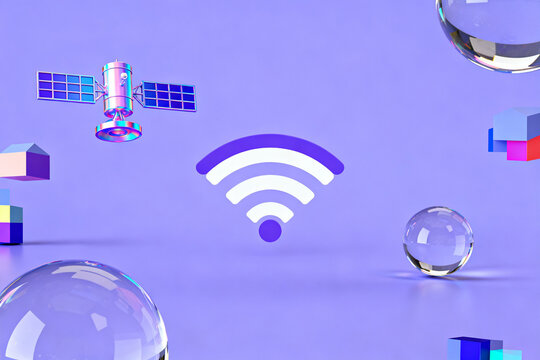 Digital connectivity concept with Wi-Fi symbol, satellite, and geometric shapes on a purple background