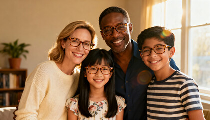 Happy multi-ethnic family portrait with matching eyeglasses. Diverse parents with adopted children smiling together. Concept of modern family, inclusion, vision care, and optometry.