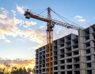 Construction crane at sunset over unfinished building