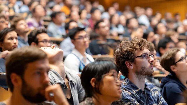 Audience attentively listens during a lecture in an academic lecture hall filled with engaged participants at a daytime event - Powered by Adobe