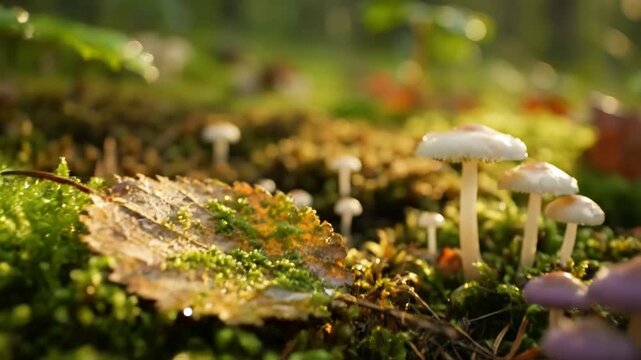 Close-up macro of a brown and white wild mushroom or toadstool growing on moss in the forest during autumn