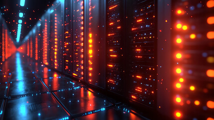 Futuristic server room illuminated with vibrant lights, showcasing advanced technology and digital infrastructure.
