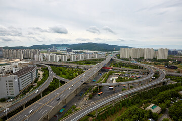 Aerial view of Jinfeng Road urban overpass and architectural landscape in Suzhou, China