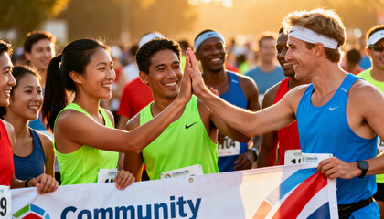 Group of diverse runners celebrating victory after a community marathon. Happy multiethnic friends high-fiving. Concept of teamwork, success, and healthy fitness lifestyle.