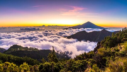 Majestic sunset over a mountainous landscape shrouded in clouds