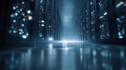 Serene data center hallway, bathed in cool, futuristic light.  Represents cloud computing, big data, AI, and network infrastructure. Perfect for tech  science.