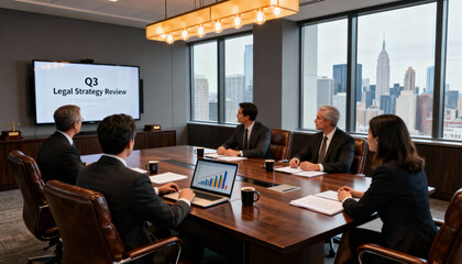 Professional board meeting at a modern law firm. Corporate team of lawyers discussing Q3 legal strategy review with data analysis chart. Business people in NYC office with skyline view.