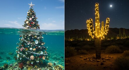 Unique Split Image Showcasing an Underwater Christmas Tree Alongside a Lit Desert Cactus