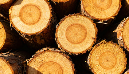Wooden logs background. Stack of cut timber from the logging industry. Close up of circular tree rings showing natural texture and pattern. Woodpile of firewood or lumber.