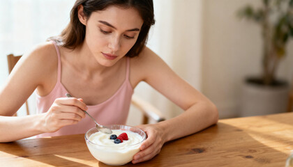Pensive beautiful woman eating healthy breakfast bowl with yogurt, raspberries and blueberries. Morning routine at home. Concept of wellness, nutrition, diet and mindful eating.
