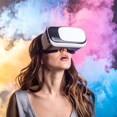 Woman wearing VR headset, colorful smoke background