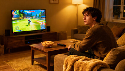 Engrossed young man playing sports video game on console at home. Focused gamer on couch with snacks, watching big screen TV. Concept of leisure, entertainment, hobby, lifestyle.