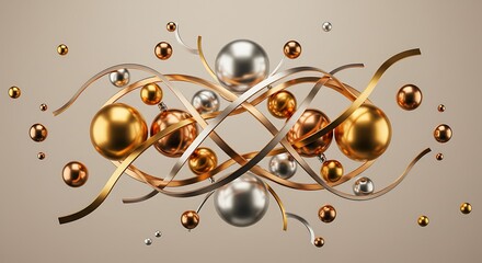 Obraz premium Dynamic Abstract Composition of Intertwined Gold and Silver Spheres and Ribbons on a Neutral Background