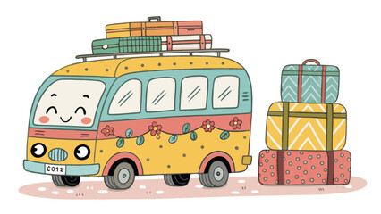 Cartoon Bus With Happy Face Is Fully Loaded With Luggage Ready For Trip